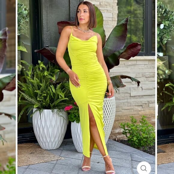None Dresses & Skirts - Neon lime ruched dress